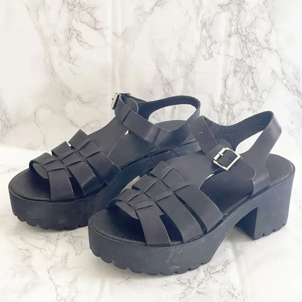 FOREVER 21 NEW Black Chunky Y2K Platform Heel Sandals 6.5